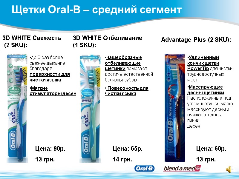 Щетки Oral-B – средний сегмент 3D WHITE Свежесть  (2 SKU):  до 6